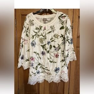Chicos sz 3 L Woman’s top Floral Tunic Lace Trim Boho Romantic cottagecore work